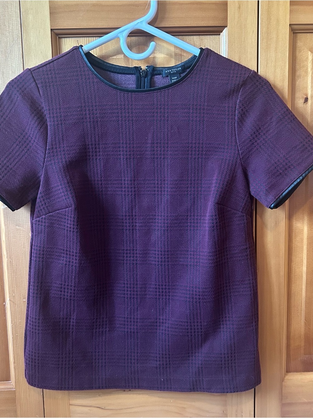 Ann Taylor Plum Short-Sleeve Textured Tee with Faux Leather Trim